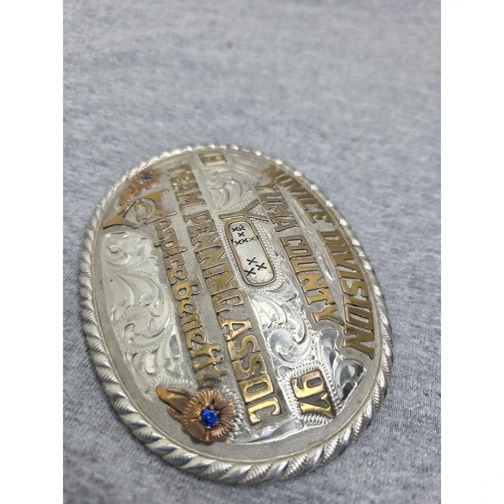 Vintage 1997 Red Bluff Buckle Co Novice Penning Rodeo Ruby Stone Belt Buckle